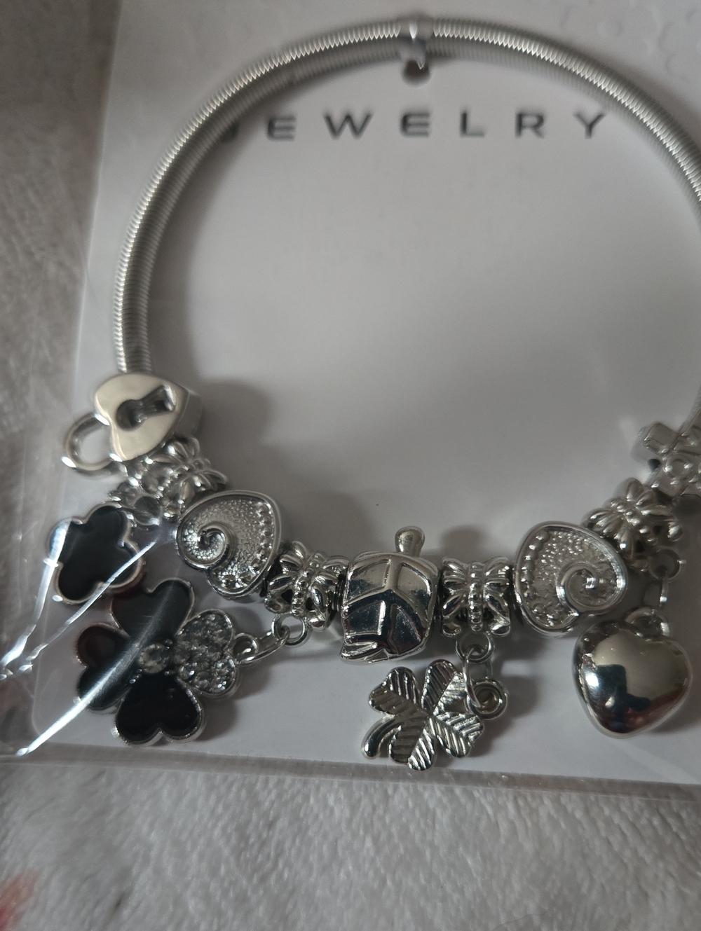 Silver Charm Bracelet with Heart,  BlackClover & Flower Charms - Women's Jewelry
